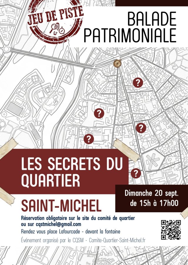 Affiche — Balade patrimoniale — jeu de piste « Les secrets du quartier »